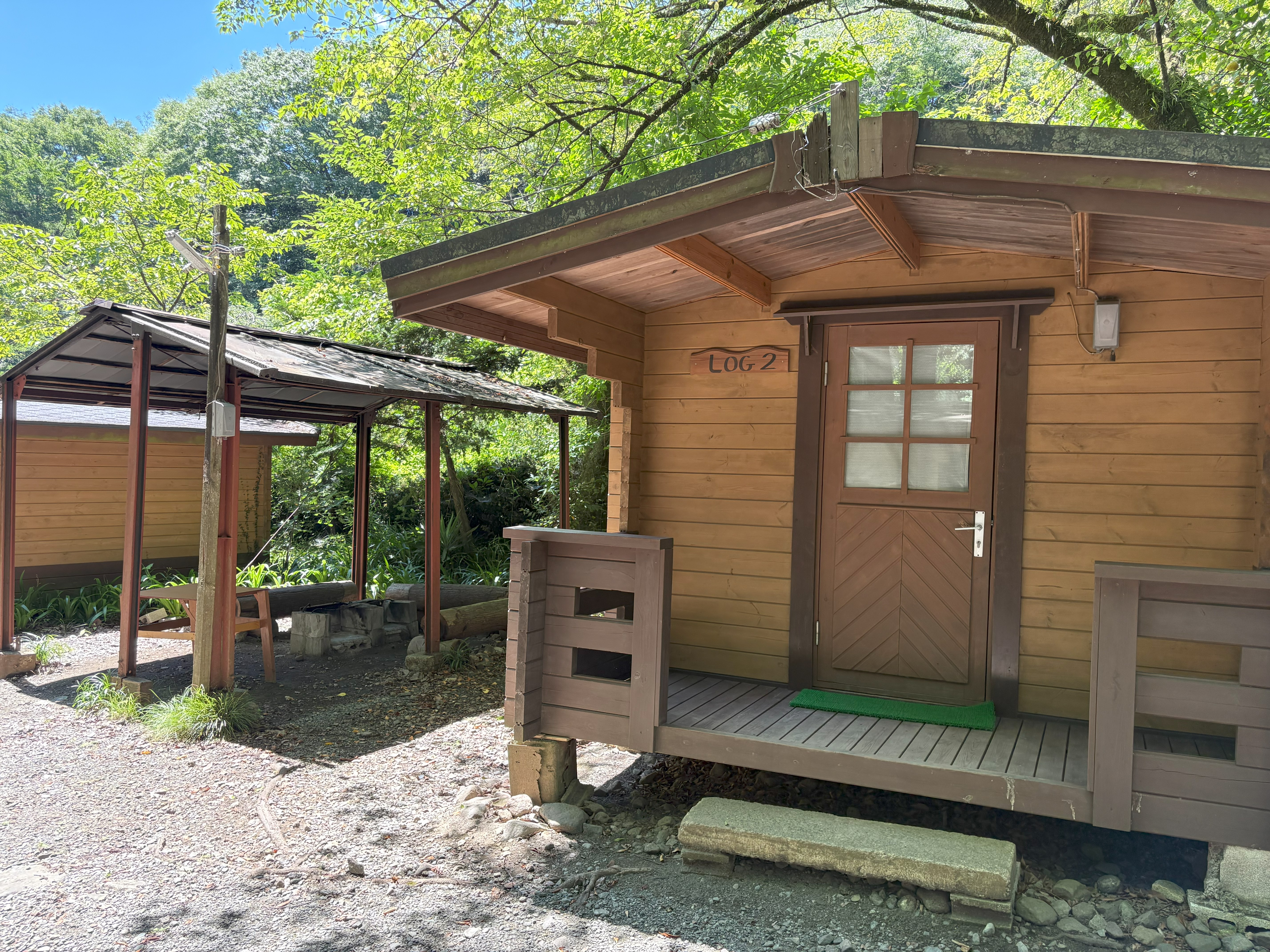 滝沢園キャンプ場のログハウス外観